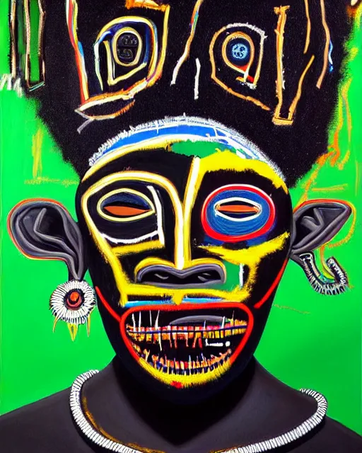 Image similar to A extremely ultra highly detailed majestic hi-res beautiful immaculate head and shoulders award winning painting stunning masterpiece of the face of a ultra highly detailed black African voodoo mask portrait by Jean-Michel Basquiat, 8k, high textures, ultra hyper sharp, insanely detailed and intricate, super detailed, 8k HDR ultra high quality, high detail, hyperrealist, photorealistic, octane render, cinematic, high textures, hyper sharp, 4k insanely detailed and intricate, surrealism, surrealist, real life, lifelike, 8k, hyper realistic, super detailed, realistic, 4k HDR hyper realistic high