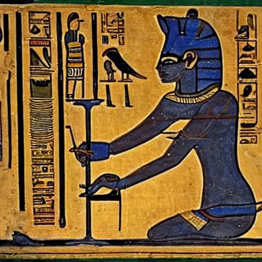 Image similar to ancient egyptian art of anubis working on a computer