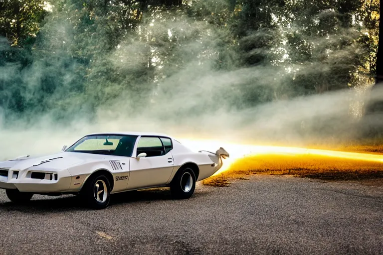 Image similar to pontiac firebird with white paint, cat inside car, sunrise, eerie light, fireflies, dog watching the car, dramatic, cinematic, forest, horror, sunbeams, volumetric lighting, wide shot, low angle, lightning storm hitting the car, ground cracking open to reveal a portal to hell