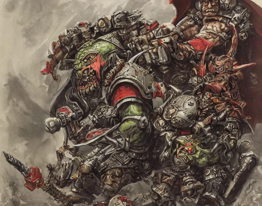 Image similar to Warhammer 40000 portrait of an orc riding a war dachshund by John Blanche