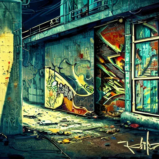 Image similar to graffiti on a wall in a run down building, happy mood, cyberpunk, high detail, golden light, realistic