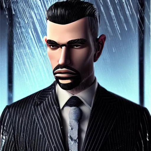 Image similar to stylish man cartoon portrait made out of rain, pinstripe suit, cyberpunk background, rendered in octane, unreal engine, highly detailed, trending on artstation, realistic, neon, beautiful, volumetric lighting, depth of field