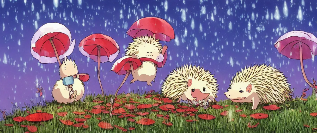 Prompt: anime by hayao miyazaki, hedgehog with purple needles hides under fly agaric from the rain