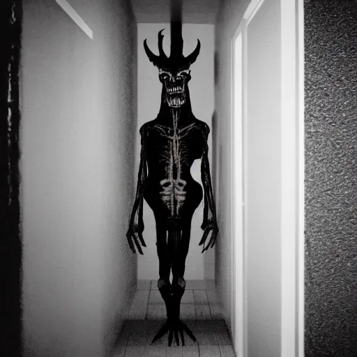 Prompt: a flash photo of creepy wendigo with an unnatural smile standing in a vantablack hallway from a horror movie, it is deformed and is staring at the camera from the end of a dark liminal hallway. caught on vhs, film grain, national geographic award winning photography,