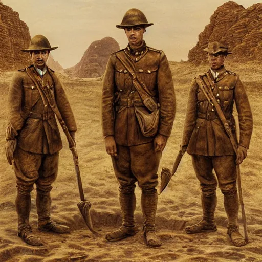 Image similar to ultra detailed photorealistic sepia - toned painting from 1 9 1 7, three british soldiers standing at an archaeological dig site in wadi rum, ultra realistic, painted, intricate details, lovecraft, atmospheric, dark, horror, brooding, highly detailed, by dave dorman