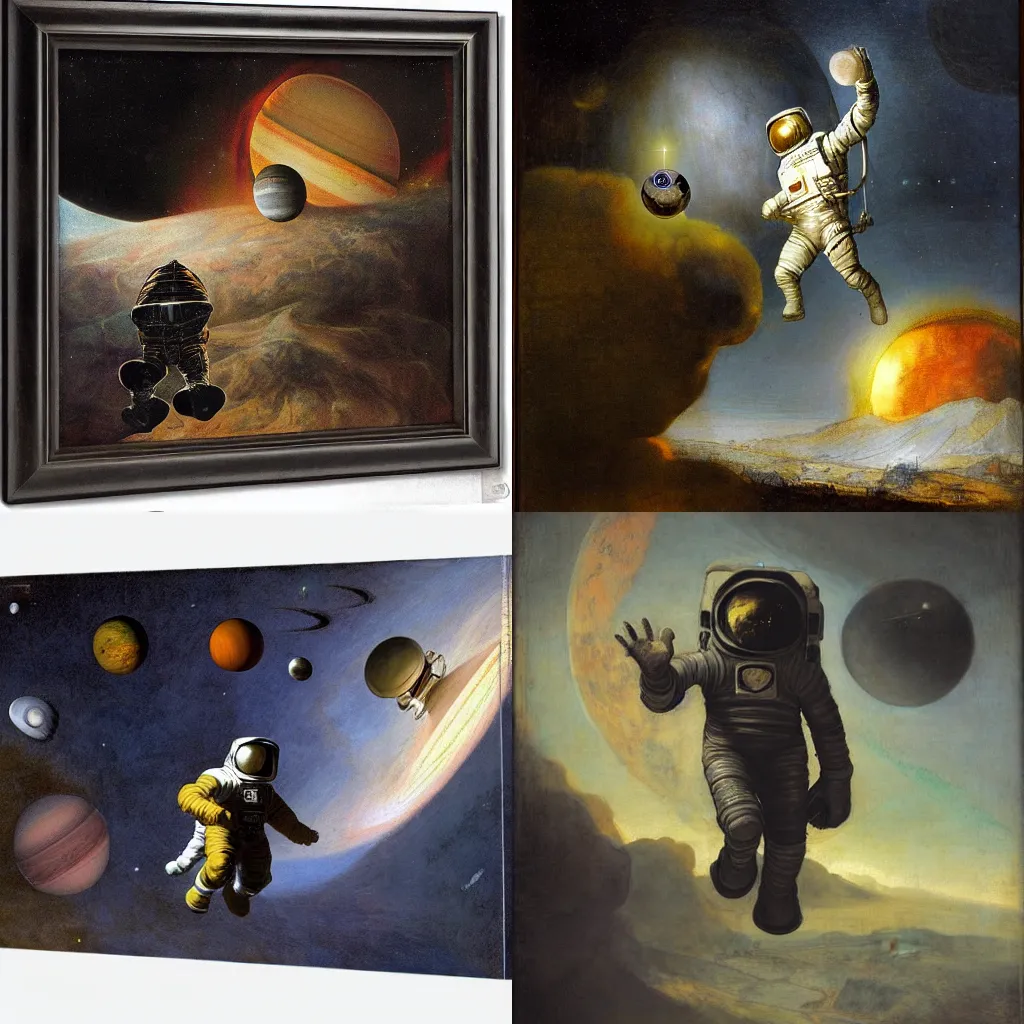 Prompt: floating astronaut cyborg near gigantic planet in space by rembrandt