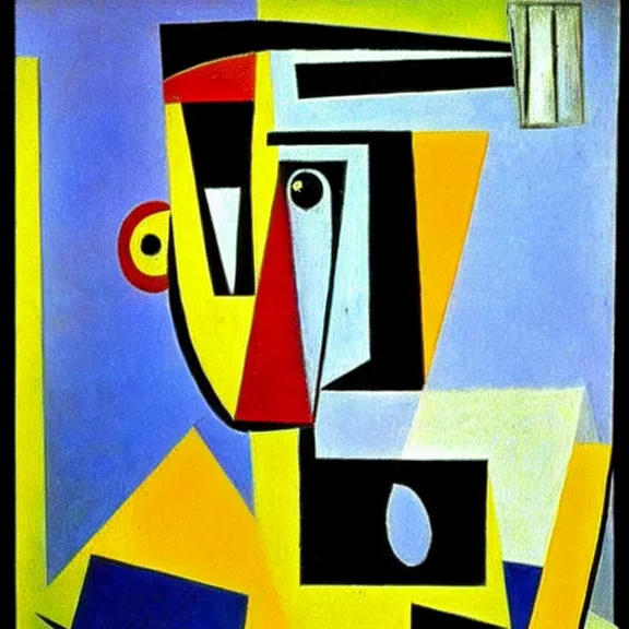 Prompt: cubist painting of a robot by Pablo Picasso, clean lines