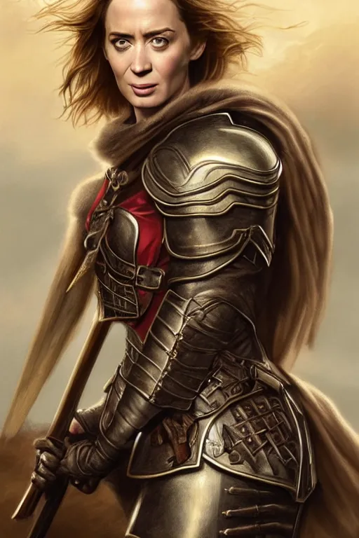 Prompt: full - body portrait of emily blunt as a ranger, metal breastplate, magical, high fantasy, d & d, by john collier, face details, extremely detailed, digital illustration