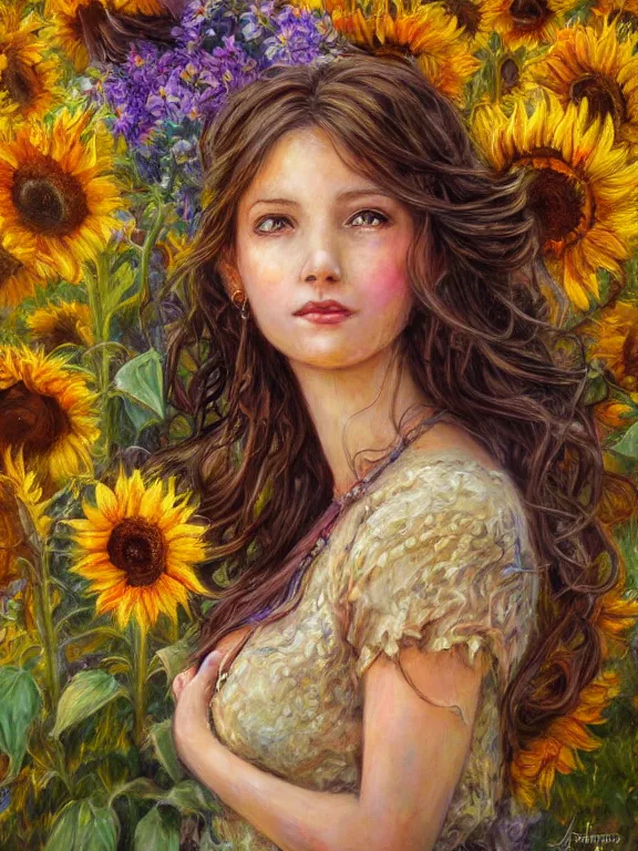 Prompt: a painting portrait of a girl at sunflowers garden, tifa lockhart, centered, a character portrait by josephine wall, albert lynch, atey ghailan, deviantart contest winner, fantasy art, wiccan, deviantart, detailed painting