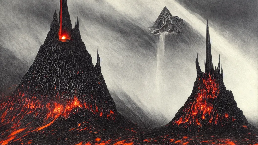 Image similar to mordor, flaming eye of sauron above the tower of darad - dur, by alan lee, intricate, lord of the rings calendar, smooth, detailed terrain, oil painting, trending artstation, concept art, matte painting