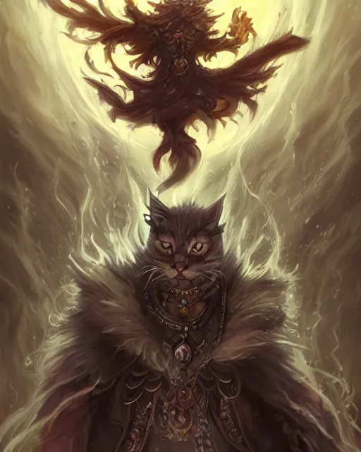 Prompt: Cat magus, Tzeentch, spell, dark fur, magic the gathering artwork, D&D, fantasy, cinematic lighting, centered, symmetrical, highly detailed, digital painting, artstation, concept art, smooth, sharp focus, illustration, volumetric lighting, epic Composition, 8k, art by Akihiko Yoshida and Greg Rutkowski and Craig Mullins, oil painting, cgsociety