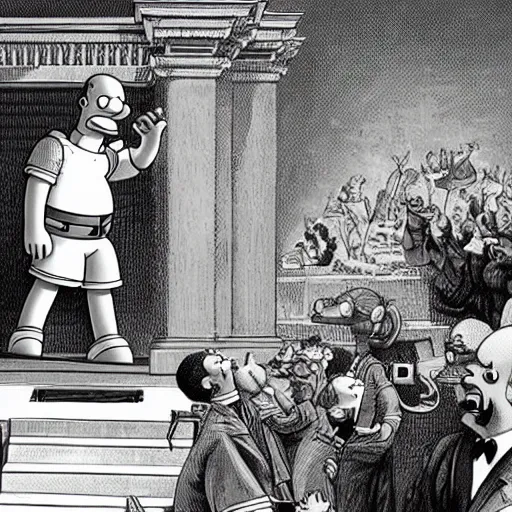 Image similar to homer simpson having a rap battle against julius caesar