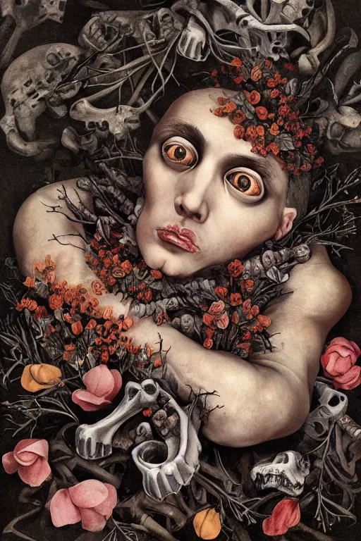 Image similar to a man with large eyes and lips laying in bed of bones of flowers, he feels an existential dread of love, fleshy muscles, HD Mixed media, highly detailed and intricate, surreal illustration in the style of Caravaggio, baroque dark art