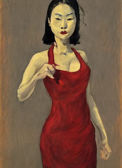 Prompt: a painting of gorgeous asian college girl standing on the knees with frozen cold stare, blood red background, transparent gray dresses, crows flying with red eyes trapped in the void as a symbol of death, in style of Edward Hopper, surrealism of Francis Bacon painting, John Singer Sargant, Chaim Soutine and Frank Auerbach, American Gothic, 8k, ultradetailed