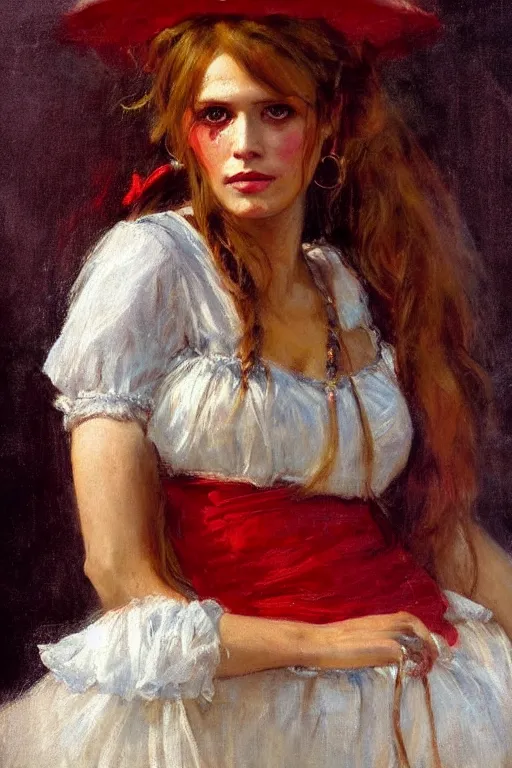 Image similar to Solomon Joseph Solomon and Richard Schmid and Jeremy Lipking victorian genre painting full length portrait painting of a young beautiful woman traditional german french Brigitte Bardot barmaid in fantasy costume, red background