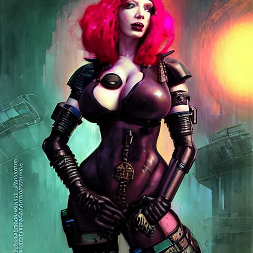 Prompt: a sexy cybergoth Doom Slayer Christina Hendricks, dystopian mood, vibrant colors, sci-fi character portrait by gaston bussiere, craig mullins, Simon Bisley, curvy