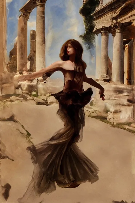 Prompt: ethereal girl dancing amidst ancient ruins in the style of john singer sargent