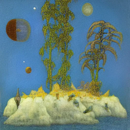 Image similar to a beautiful alien planet with plants and strange animals. Oil painting in the style of Segantini.