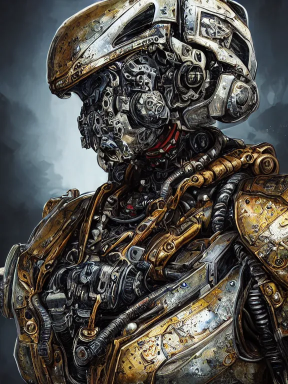 Image similar to portrait art of 8k ultra realistic mech warrior, detailed intricate ornate armour,decaying, cybernetic, full of colour, cinematic lighting, battered, trending on artstation, 4k, hyperrealistic, focused, extreme details,unreal engine 5, cinematic, masterpiece, art by ayami kojima, giger