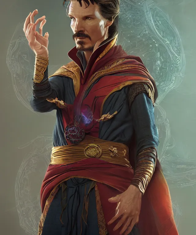 Image similar to doctor strange, female, au naturel, hyper detailed, digital art, trending in artstation, cinematic lighting, studio quality, smooth render, unreal engine 5 rendered, octane rendered, art style by klimt and nixeu and ian sprigger and wlop and krenz cushart