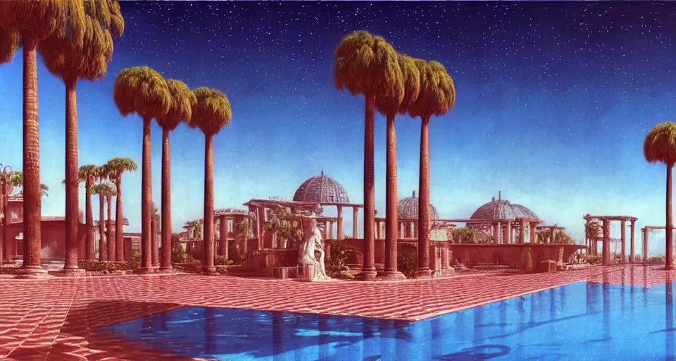 Prompt: a large tiled swimming pool with many palm trees surrounded by roman architecture columns and statues, underneath a star filled night sky, harold newton, zdzislaw beksinski, donato giancola, warm coloured, gigantic pillars and flowers, maschinen krieger, beeple, star trek, star wars, film, atmospheric perspective