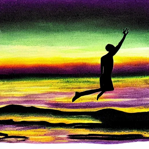 Image similar to purple sunset with a real black silhouette of a demonic walking on water, the sky falls to the ground, high detail