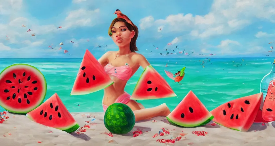 Image similar to A beautiful artwork illustration, detailed, bubbly, watermelon, sodapop, beach, jolly ranchers, birds, diamonds, girls, subsurface scattering, cartoon-y, featured on Artstation, wide angle, horizontal orientation, very coherent, cinematic, high detail, octane render, 8k