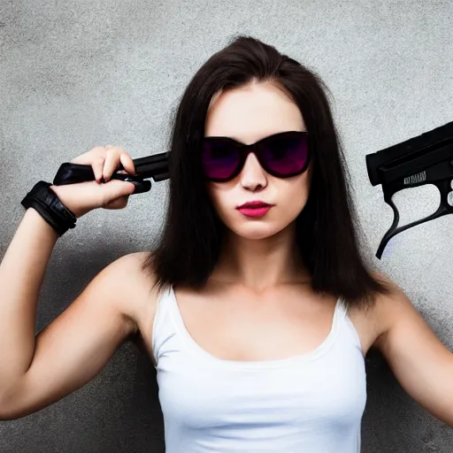 Prompt: young punk woman with two guns