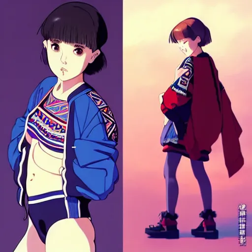 Image similar to a beautiful! boyish! natalie portman alluring gravure! model, wearing oversized aztec bomber jacket and leotard, poofy bomber jacket with mayan patterns, gapmoe yandere grimdark, trending on pixiv fanbox, painted by greg rutkowski makoto shinkai takashi takeuchi studio ghibli, akihiko yoshida