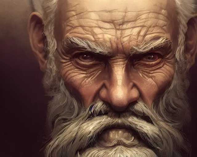 Prompt: close up highly detailed old man face, deep focus, d & d, fantasy, intricate, elegant, highly detailed, digital painting, artstation, concept art, matte, sharp focus, illustration, hearthstone, art by artgerm and greg rutkowski and alphonse mucha