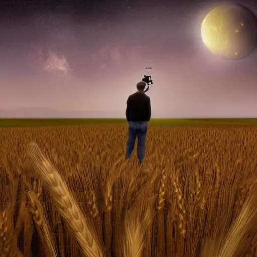 Image similar to a farmer standing on the fields of barley looking at the stars through telescope by H.P. Lovecraft, 8k, epic scene, concept art