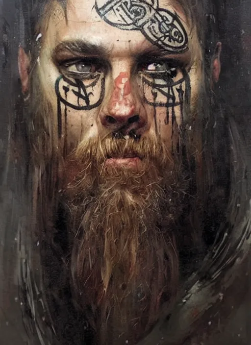 Image similar to portrait painting of viking berserker with celtic face tattoos by jeremy mann, only one head single portrait