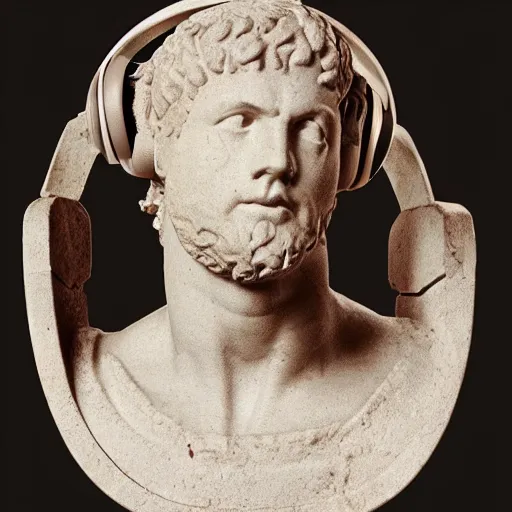 Prompt: roman bust wearing headphones, in the style of vaporwave!!!!!!!!!!!