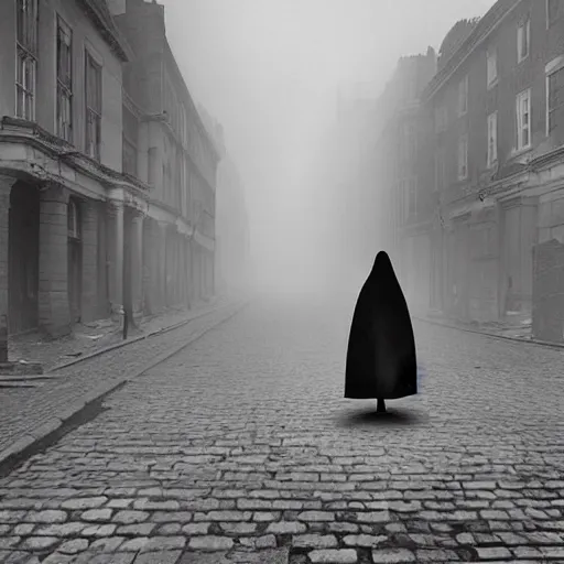 Prompt: ominous bedsheet ghost walking through the center of a destroyed london city, 1 9 2 0's colored pencil, gloomy misty atmosphere, deep aesthetic, symmetrical, full body image, highly ornate intricate details, very sharp photo,