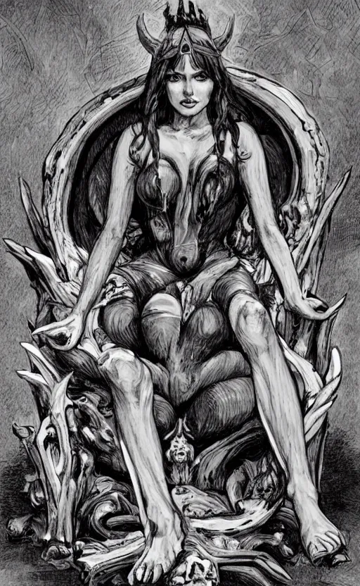 Prompt: a mesmerizing succubus sitting in a relaxed pose on her throne of bones in hell,