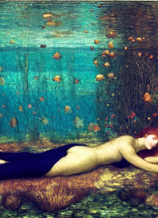 Image similar to lady laying under the sea on the seabed amongst the weeds, underwater shot, submerged, medium shot, on the bed of the river preraphaelite colour photography by william holman hunt, 8 k