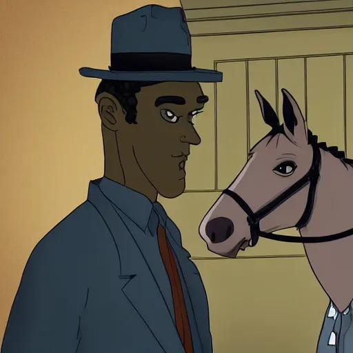 Image similar to noire detective shot with 4k dslr camera of James the detective horse. Bojack horseman inspired detective show. My home used to be stable, now lifes gone to trott. Donkey in a trenchcoat smoking acigar. MDMHay infused darkroom darkengine shot by netflix, high budget, cgi by james gunn.