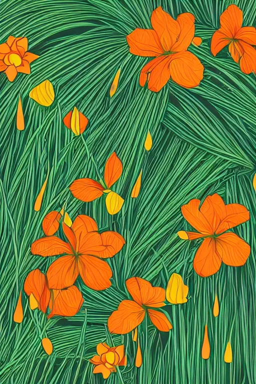 Image similar to moody vector illustration of tropical flowers and green reeds, multiple cohesive colors ranging from warm blues to bright oranges on a ((very dark background)), 4K resolution