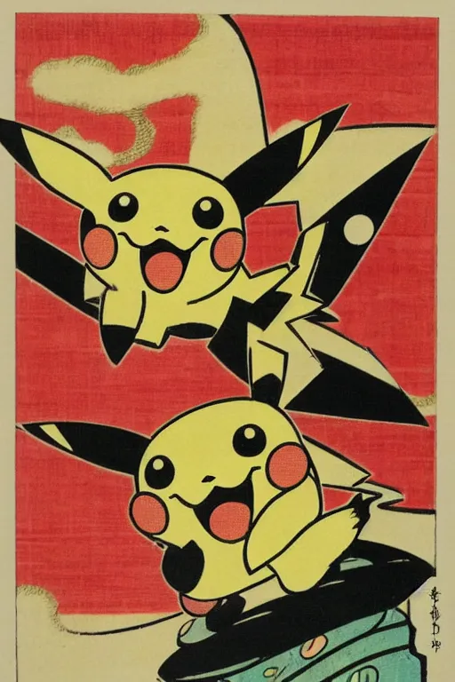 Image similar to Pikachu Pokemon, Japanese ukiyo-e ukiyo-ye woodblock print, by Moronobu