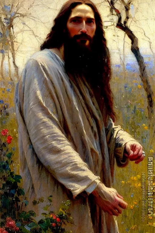 Image similar to impressionist brushstrokes!!!!!!!!! solomon joseph solomon and richard schmid and jeremy lipking victorian loose genre loose painting full length portrait painting of jesus with a slight smile happy inviting