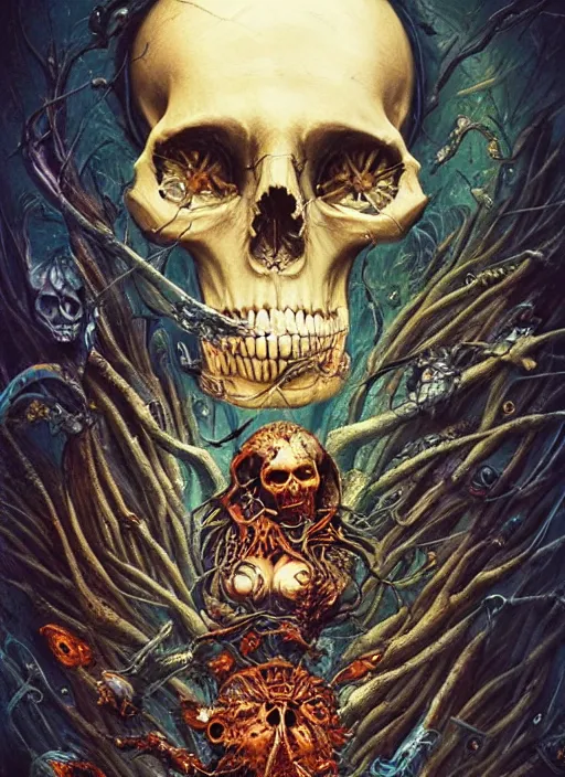 Prompt: the caterpillar, death tarot card, highly detailed, half skull face,, highly detailed, cinematic, 8 k, by megan duncanson, benjamin lacombe, adrian borda, stanley artgermm, tom bagshaw, craig mullins, carne griffiths, ayami kojima, beksinski, giger, trending on deviantart, hyper detailed, horror, full of colour