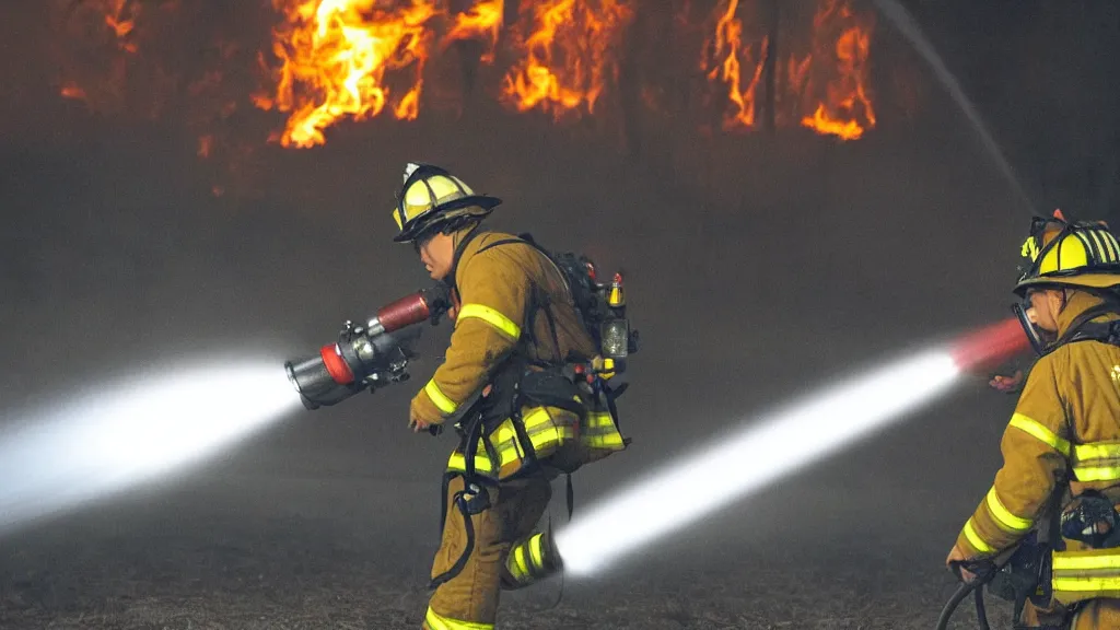 Image similar to photo of a firefighter using a flamethrower projecting a long flame