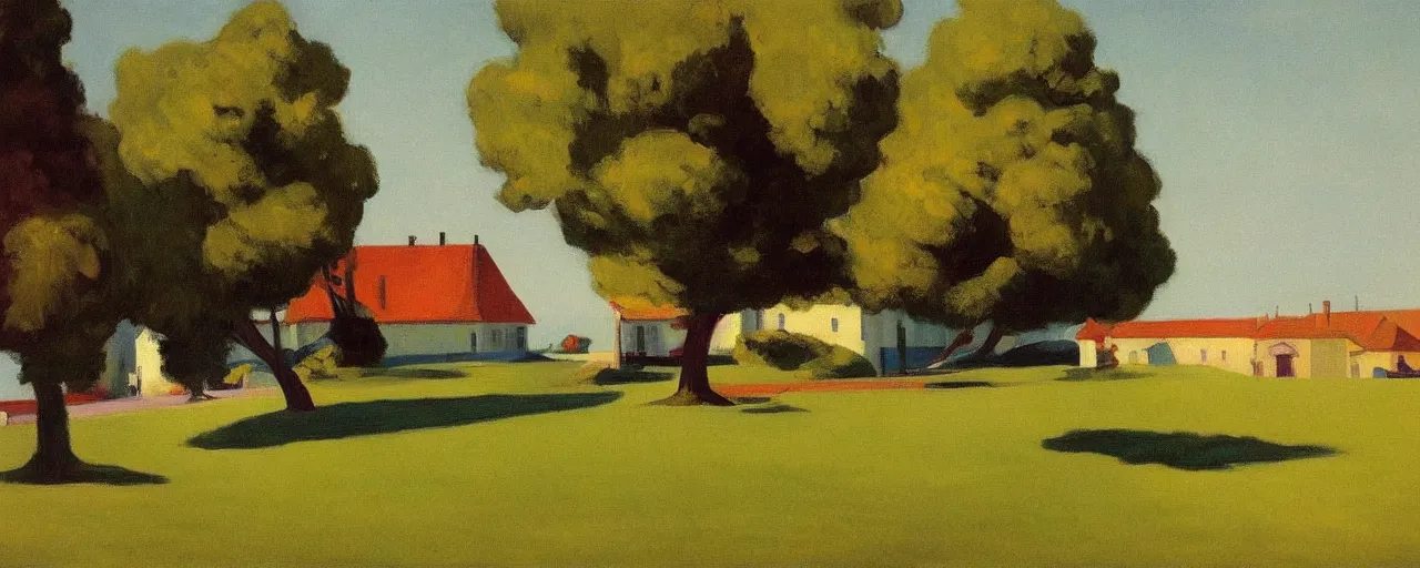 Image similar to an edward hopper style painting of ( ( ( ( ( ( ( ( balatonfured, a resort town in veszprem county, in hungary ) ) ) ) ) ) ) ), late - spring, may of 1 9 4 8