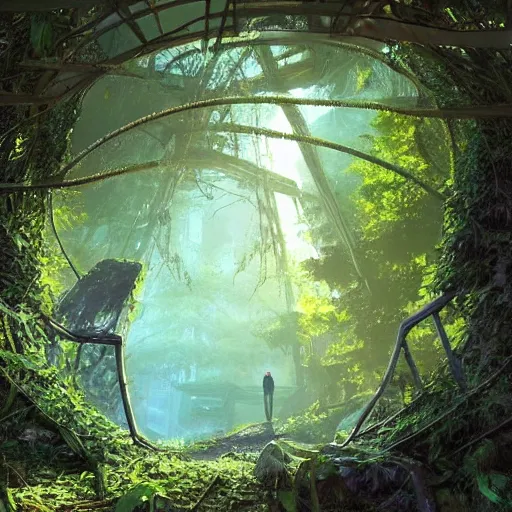 Image similar to stairs leading to a derelict portal in a middle of a lush futuristic forest, alien world seen through a portal, daylight, cinematic lighting, blue sky, syd mead, john harris