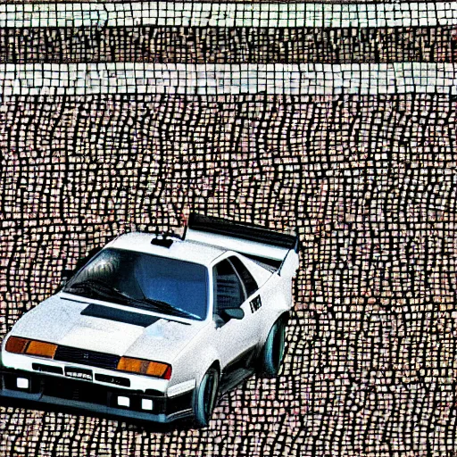 Prompt: drifting white Toyota AE86 pulled by a black horse, medieval Byzantine mosaic, 4k