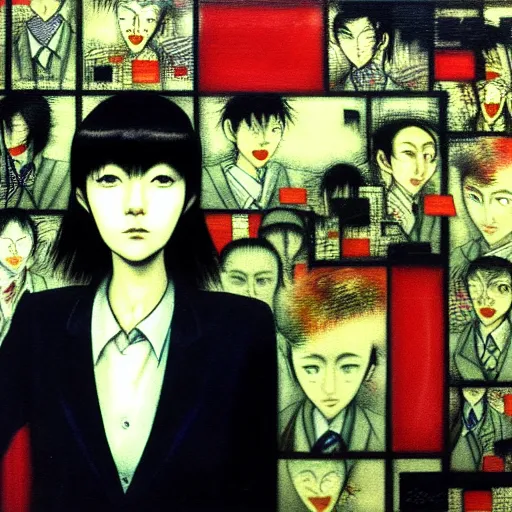 Image similar to yoshitaka amano blurred and dreamy realistic three quarter angle portrait of a young woman with short hair and black eyes wearing office suit with tie, junji ito abstract patterns in the background, satoshi kon anime, noisy film grain effect, highly detailed, renaissance oil painting, weird portrait angle, blurred lost edges