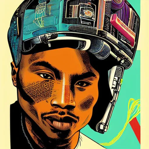 Image similar to Illustrated by Shepard Fairey and Moebius | Cyberpunk Tupac Shakur with VR helmet, surrounded by cables