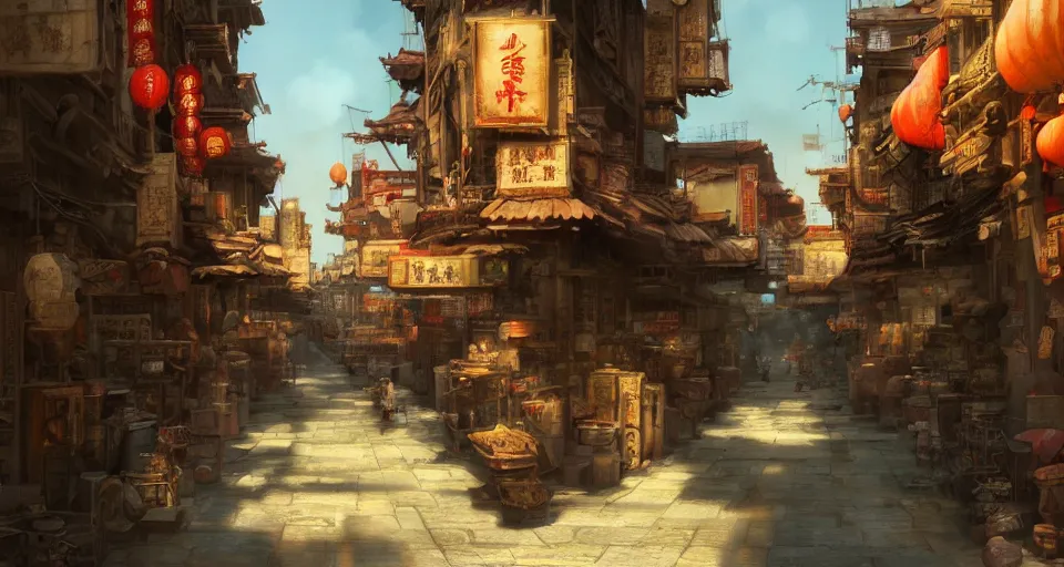 Image similar to craig mullins and ghibli digital art of chinatown street, sunset alley, in the bustling ancient chinese city, the god of erlang yang jian came from a distance, unreal engine, hyper realism, realistic shading, cinematic composition, realistic render, octane render, detailed textures, photorealistic, wide shot