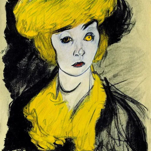 Image similar to beautiful woman, with long hair, black lips and yellow eyes, in the style of Toulouse-Lautrec photorealism 10K