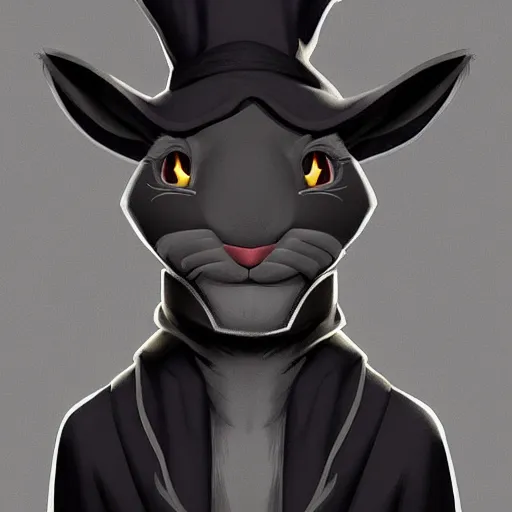 Image similar to anthropomorphic jackrabbit harengon with black skin and white highlights, wearing stylized monk robes and a very wide brimmed black hat, focus on hat, digital art featured on artstation